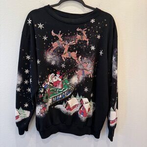 VTG Holiday Time Santa Claus Christmas Womens Sweatshirt Large Santa Reindeer